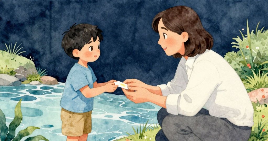 男孩與老師在溪邊交流,老師遞給男孩一本筆記本,兩人面帶微笑,共享發現喜悅。