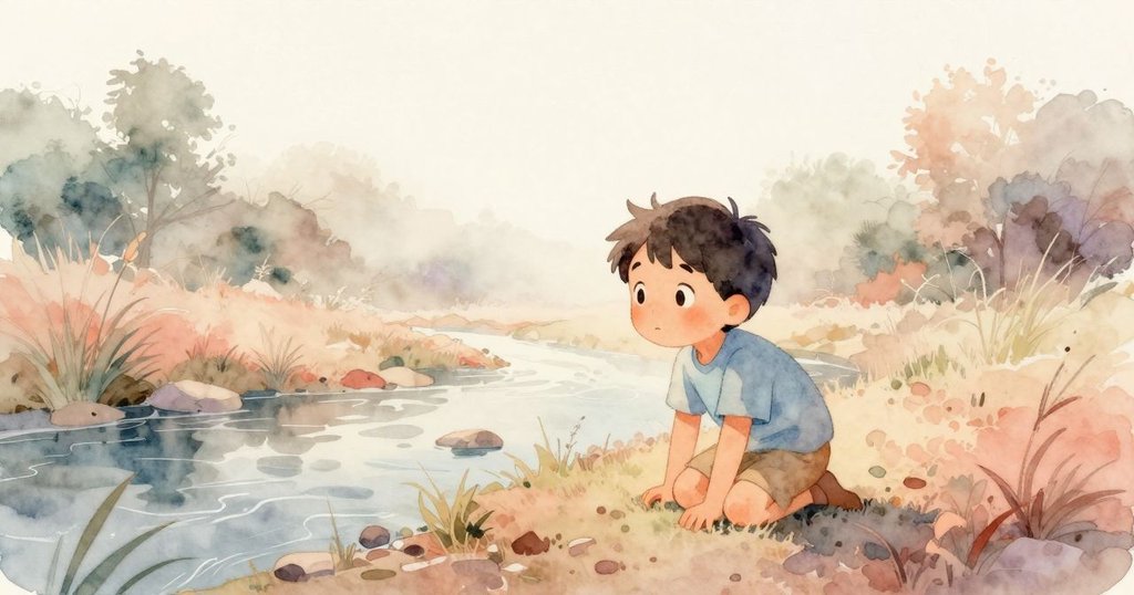 喬納斯在晨霧中跪坐於溪邊,注視著流水輕拍樹葉,環境清新而寧靜