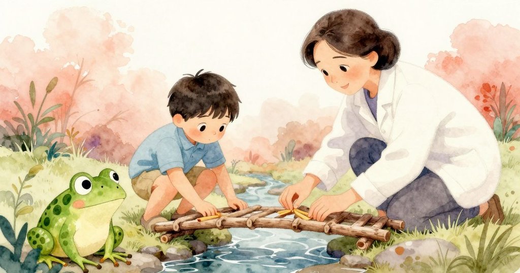 小青蛙視角觀看喬納斯搭建棍橋,溪邊卵石和泥土細節豐富,展露出自然與好奇的氛圍