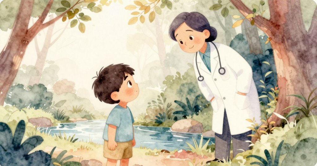 醫生從隱蔽的樹林中走出,站在溪邊欣賞喬納斯完成的棍橋,臉上露出溫柔的微笑