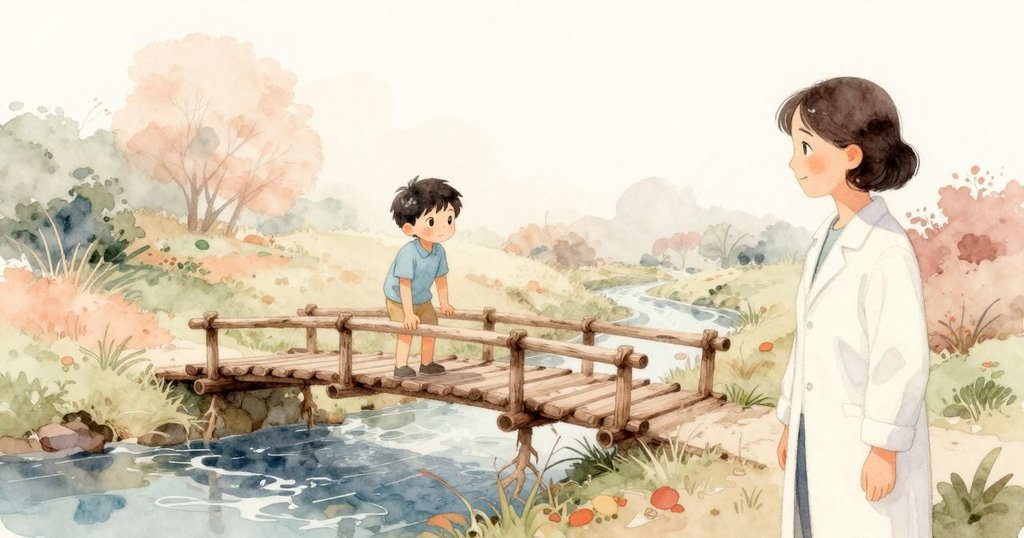 完成的棍橋橫跨靜謐溪流,喬納斯與醫生分別站在對岸,靜靜欣賞大自然與勞作結合的和諧景致
