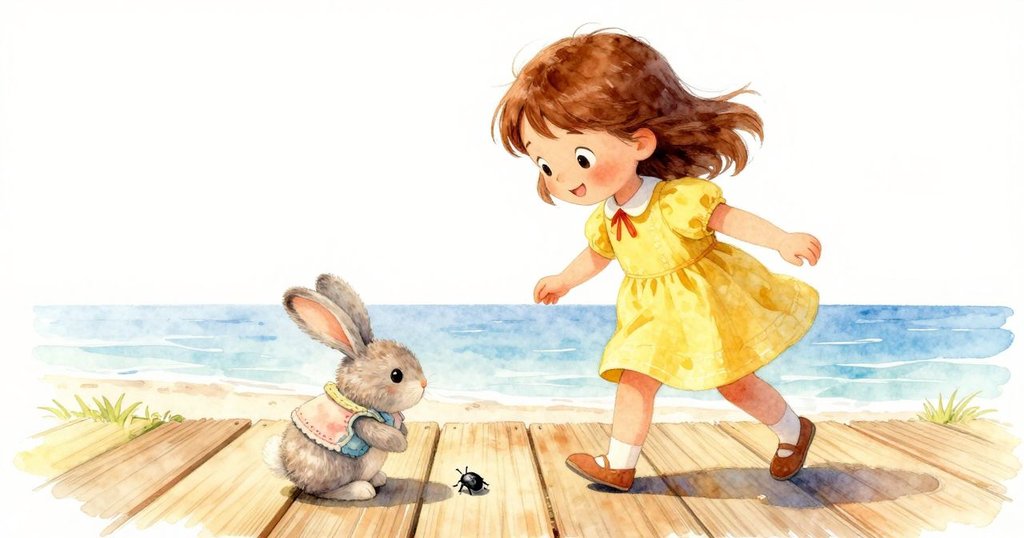瑪布爾和她的玩具兔在木板上行走，發現正在移動的小黑甲蟲，陽光柔和，場景寧靜且充滿好奇。