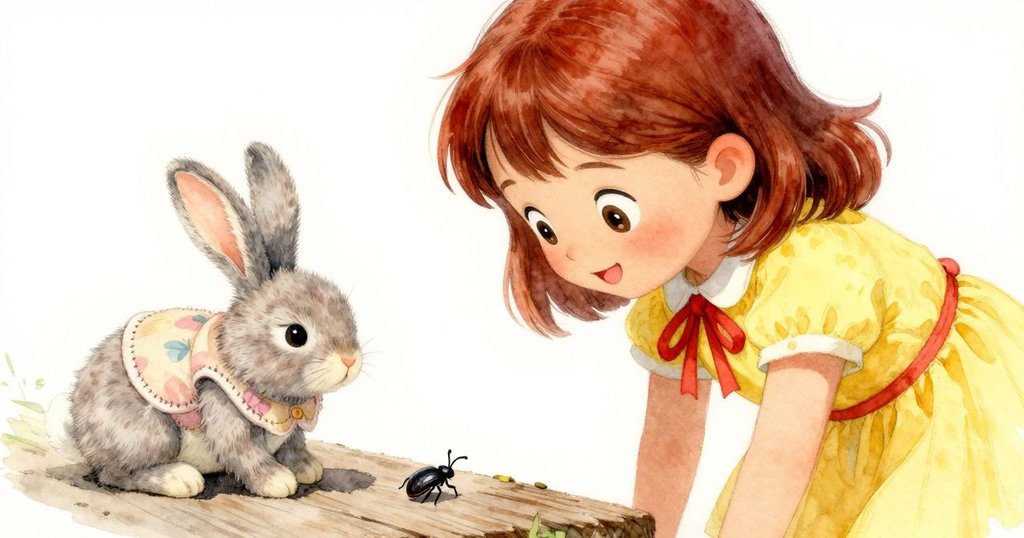 瑪布爾聚精會神地看著沿木板移動的小黑甲蟲，玩具兔靜靜在她懷中，表情充滿好奇與期待。