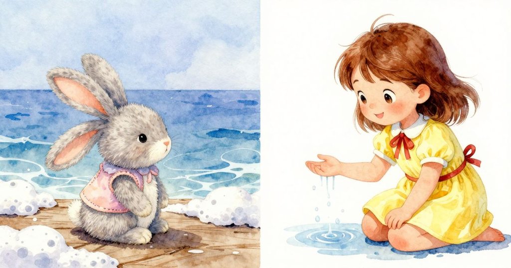 場景分割展示瑪布爾觀察木板邊緣泡沫飛濺，與俯身感受涼爽氣流的兩個瞬間，充滿驚奇與探索。