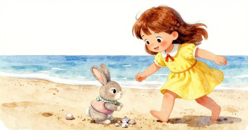 瑪布爾小心翼翼地行走在溫暖沙灘上，手中抱著玩具兔，聽著沙中貝殼脆響，充滿謹慎與探索。