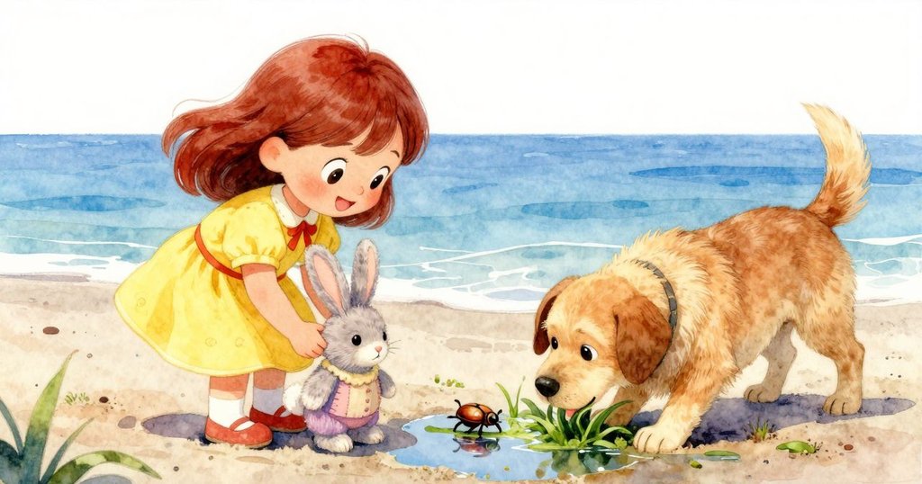 在潮汐池邊瑪布爾注視甲蟲隱入綠色海藻，手抱玩具兔，沙犬在旁邊活潑嗅探，光影閃爍。