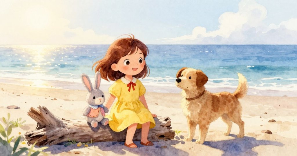 瑪布爾站在漂流木旁，凝望著溫柔潮池泛著光芒，沙犬沿海岸輕快行走，畫面寧靜祥和，充滿回味。