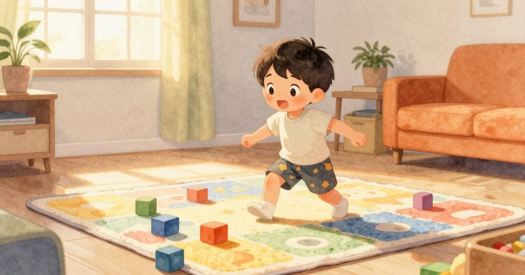 Marco 小男孩在室內遊戲墊上站立,周圍散落積木,窗外柔和晨光灑落,充滿好奇感。