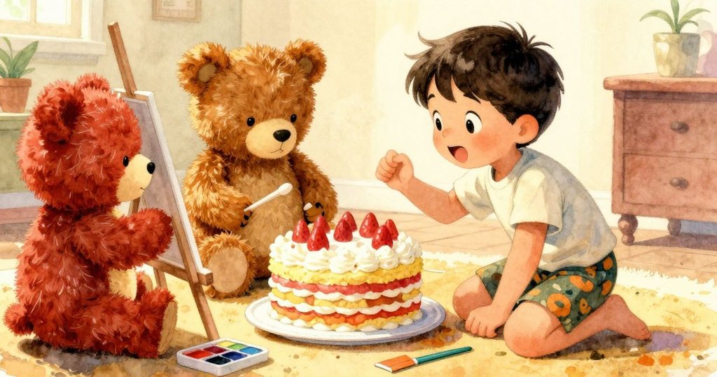 Marco 小男孩走向低區,觀看有玩具畫家進行繪畫、假蛋糕和兩隻毛絨熊分蛋糕的活潑場景。