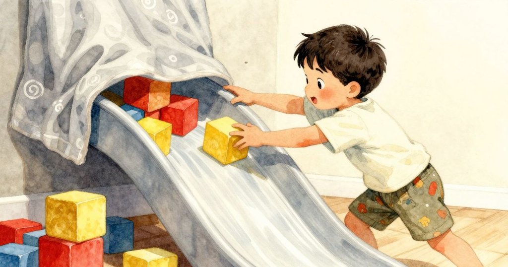 Marco 小男孩伸長脖子掀開懸掛布簾,露出下面色彩繽紛的積木,場景充滿互動與探索。