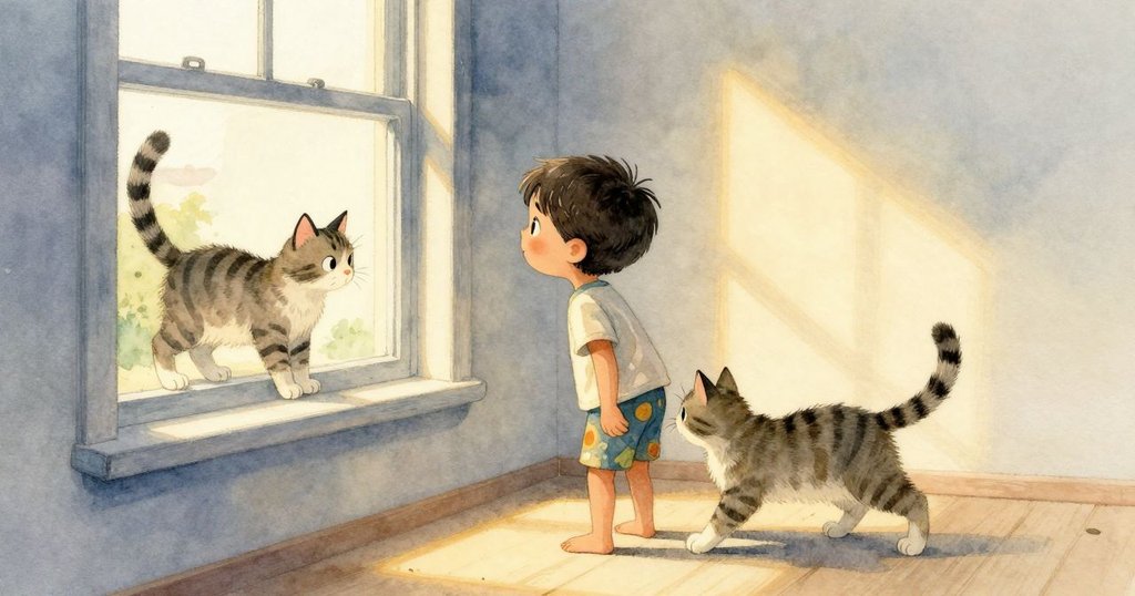 Marco 小男孩站在溫暖窗邊注視外面動物,窗外一隻條紋貓伸展著身體,畫面寧靜舒心。
