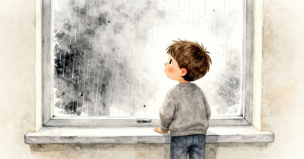 費利克斯站在窗邊望著外面下雨，室內光影柔和，表情充滿期待與思索