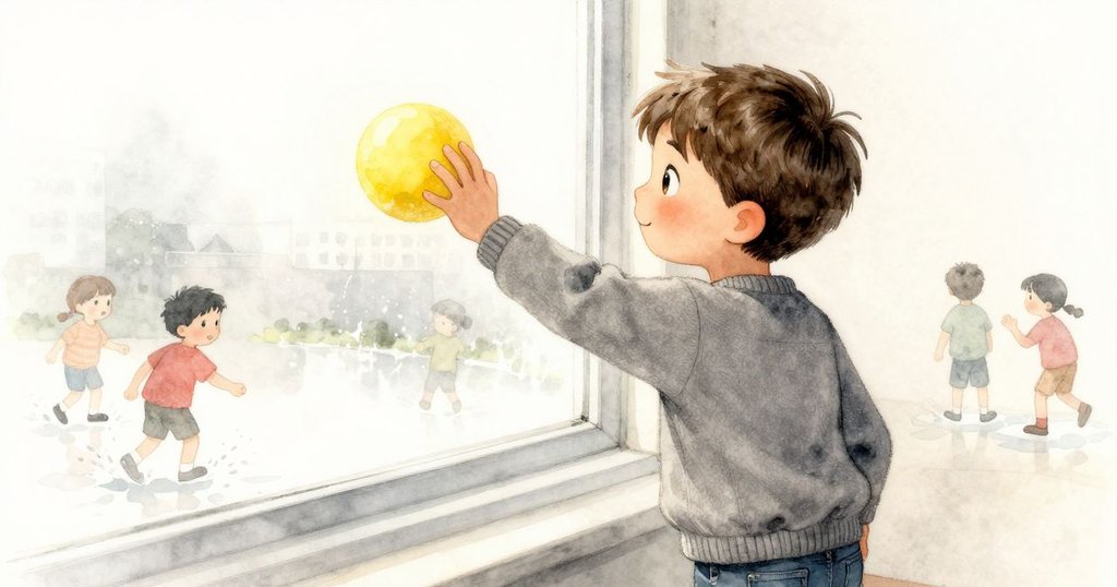 費利克斯輕觸霧氣蒙蒙的窗玻璃，窗外黃色球彈跳，孩子們在積水邊嬉戲，夢捕器隨風輕擺