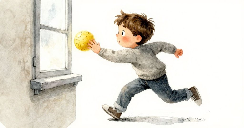 費利克斯因窗外黃色球輕敲而驚訝後退，低角度視角突顯動作與表情變化