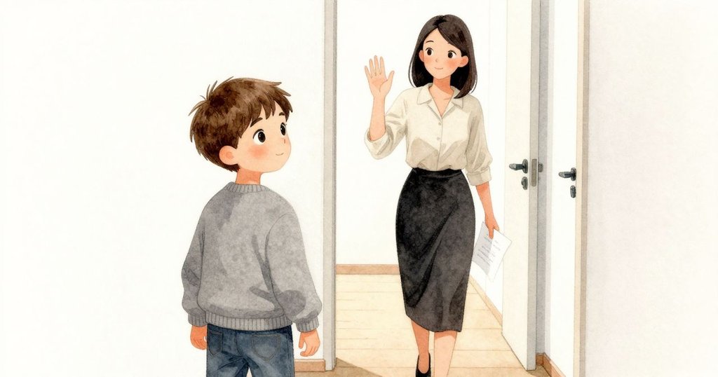 費利克斯走向敞開的門口，走廊中母親手持文件揮手問候，室內季節光影柔和