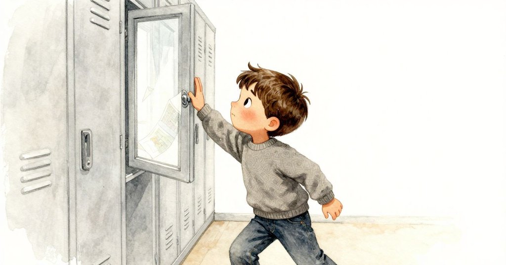 費利克斯在走廊中揮手張望窗外，海報隨風拍動、塵埃在淡光中輕浮，動作流暢充滿生氣