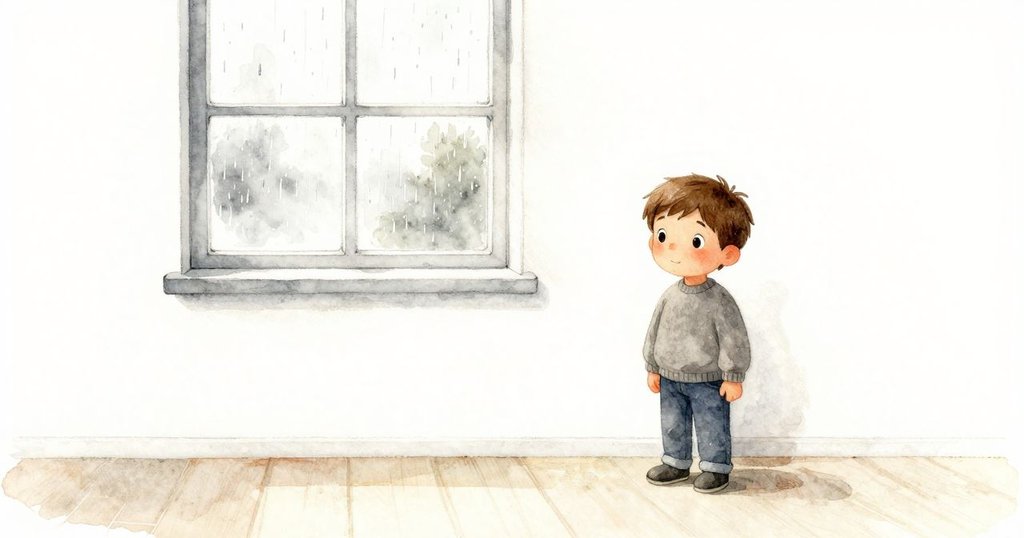 寧靜室內窗邊雨點輕敲，費利克斯靜立沉思，室內與窗外形成溫馨平和的畫面