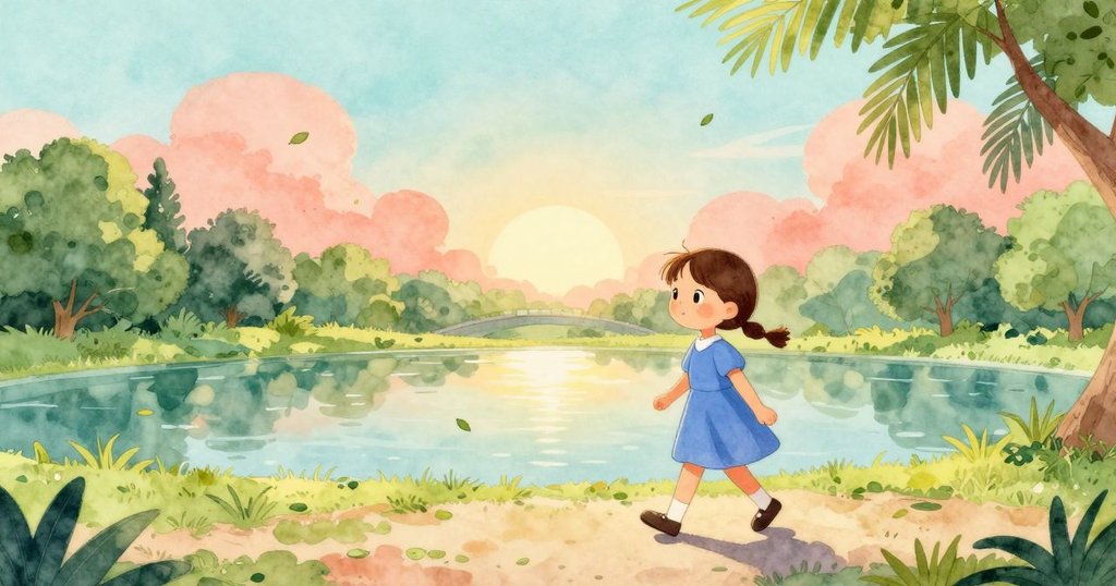 Gwen在晨曦中走在公園小徑上，一片落葉漂浮在池塘上，充滿溫暖與期待的早晨。