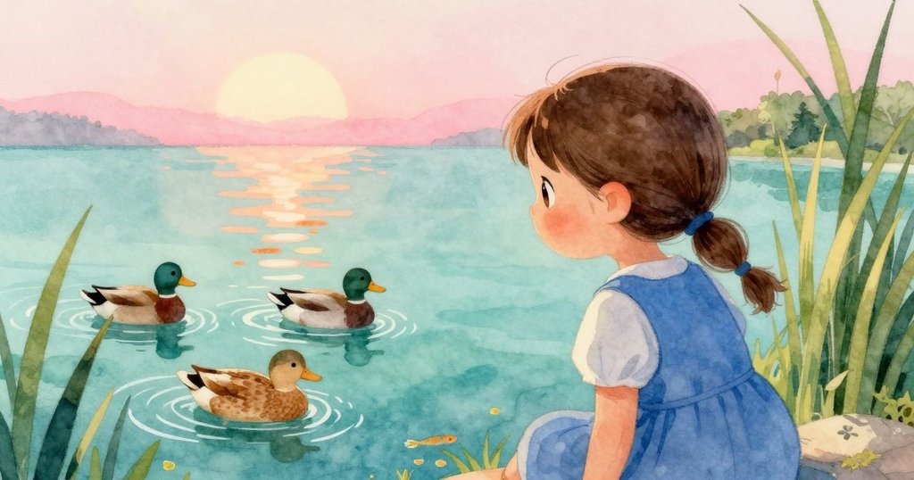 Gwen在池塘邊觀察鴨子與金魚，水面反射晨光，展現活潑自然的景象。