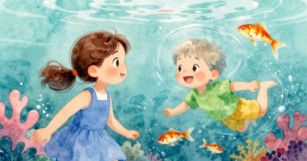 透過透明水面，金魚於微光中穿梭，水波細膩呈現晨間水底迷人的世界。