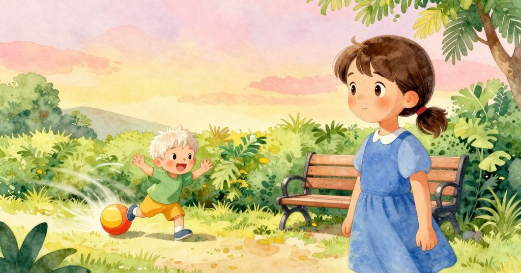 Gwen看到球在樹籬下輕輕滾動，旁邊小孩向她揮手打招呼，充滿友善與快樂。