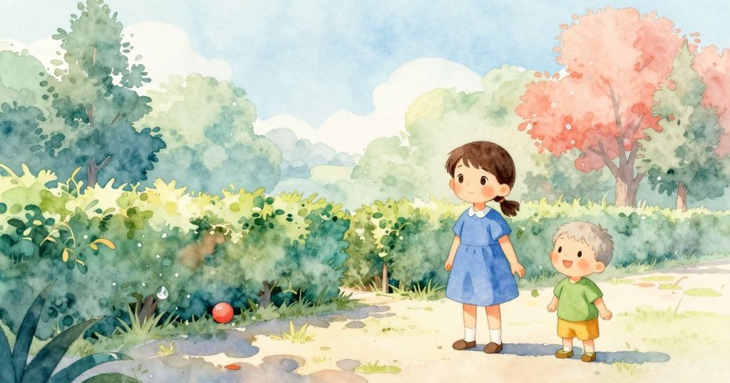 晨間尾聲，露水漸消，球靠近樹籬缺口，象徵新的開始，孩童們靜默思索，畫面充滿溫柔平靜。