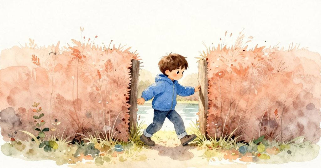 班從矮樹籬縫隙步入湖邊, 穿藍色外套踏過濕潤草地, 神情充滿好奇, 晨光柔和照耀自然景致