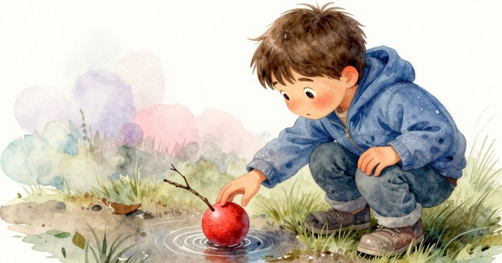 班伸手持細長樹枝輕觸紅球, 特寫展現濕潤草地與水紋閃爍, 表情專注推動故事發展