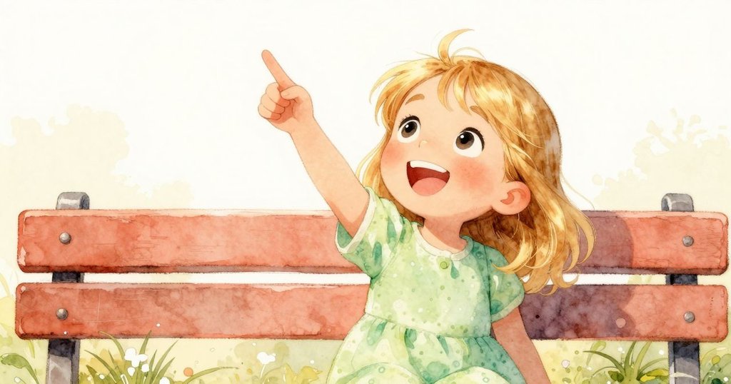 關文從低角度特寫, 坐於湖邊長椅, 舉指遠眺, 神情愉悅期待, 晨光映襯溫暖氣氛