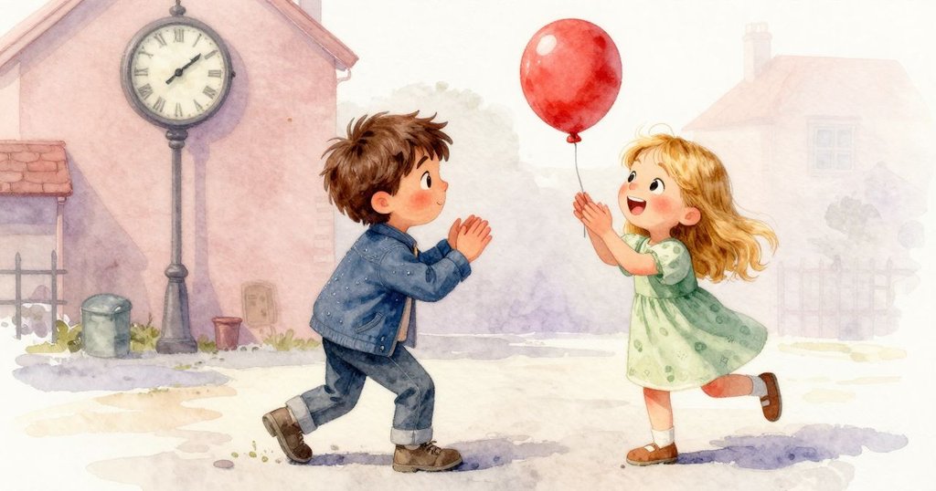 關文歡欣拍掌舉球, 班注視水紋漸退, 背景出現小鎮鐘, 溫暖光影中展現全新寧靜庭院空間