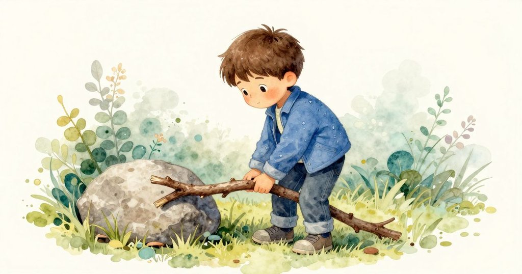 班神情沈思地將樹枝輕放於石旁, 手與臉部特寫呈現沉穩決定, 周圍水紋逐漸消散, 氣氛寧靜