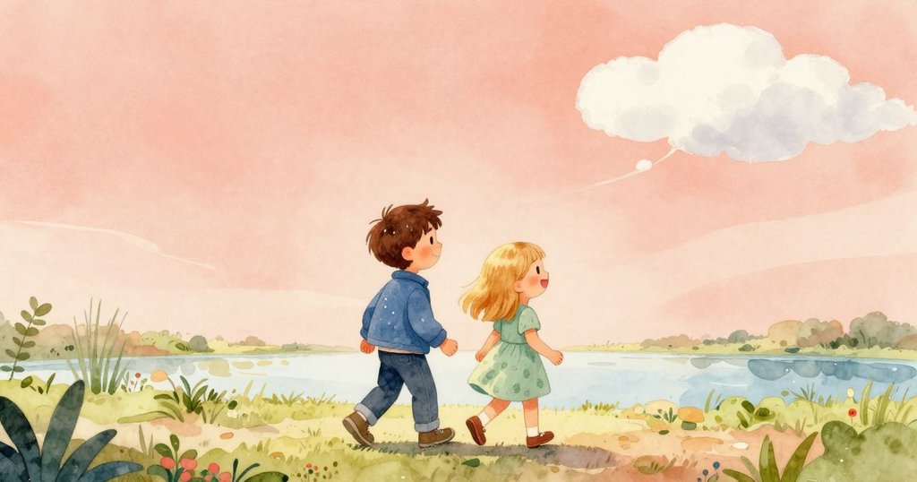 班與關文並肩行走於濕潤庭院, 背景展現晨光映照水面白雲變幻, 神情充滿希望迎向未來冒險