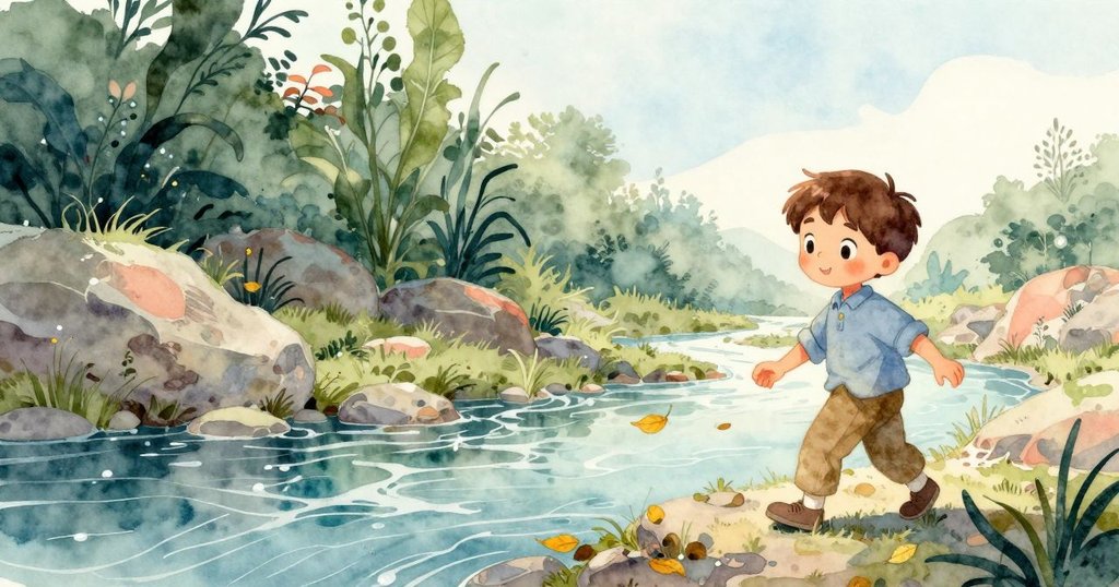 喬納斯站在河邊欣賞飄落的黃葉,水流潺潺,背景充滿青苔與岩石,表情專注,故事開端。