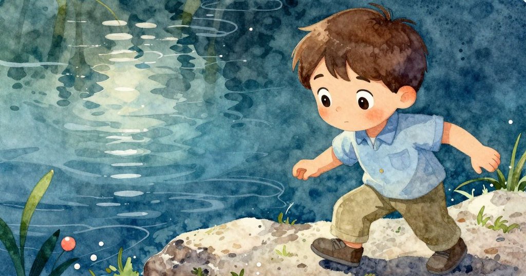 喬納斯凝視前方,專注踏向平滑岩石,溪水流動映入眼簾,情緒堅定,故事發展中。