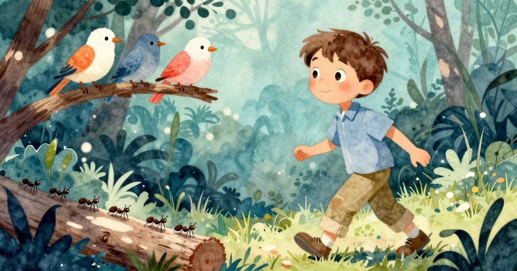 透過小生物視角看喬納斯經過,枝上栖息著兩隻鳥,樹皮上蟻群奔忙,展現自然奇趣,故事氣氛活躍。