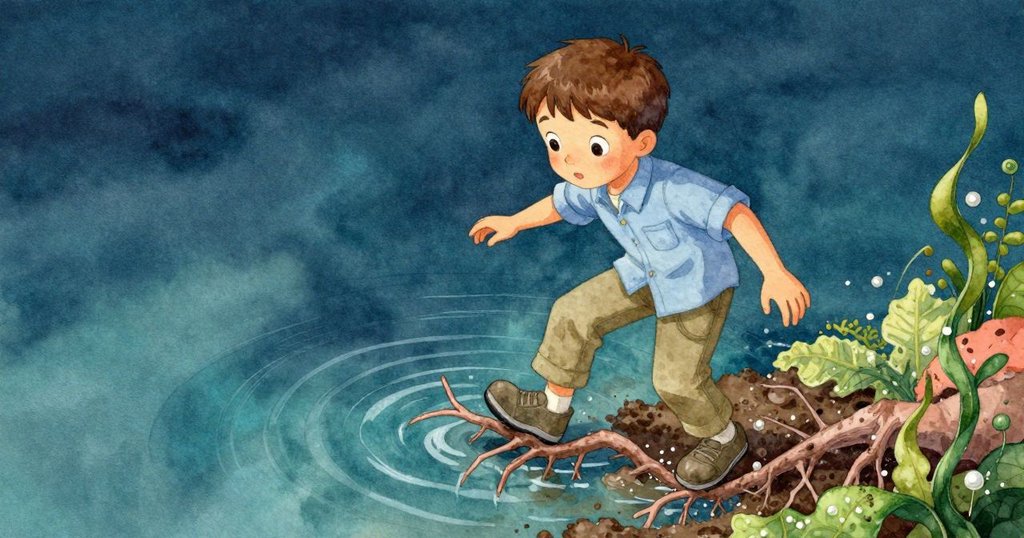 喬納斯在泥濘中不慎滑動鞋子,借穩固樹根保持平衡,高角度展示水上昆蟲滑過,展現動態變化,情節緊湊。