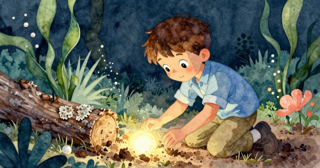 喬納斯停下腳步仔細觀察泥中明亮物品,低矮木頭上白色地衣顯眼,手錶反射光芒,充滿探索意味,情節轉折。