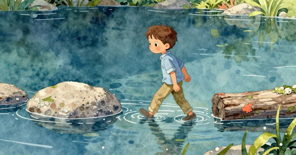 喬納斯緩步返回,背景呈現平靜水塘、帶刮痕岩石與環繞地衣木頭,水上昆蟲劃過,故事安然落幕。