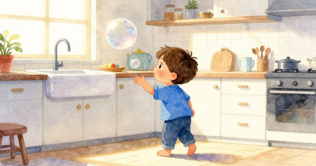 小孩站在充滿早晨陽光的廚房內，望著緩緩上升的泡泡，臉上帶著好奇與期待，窗外綠野隱約可見