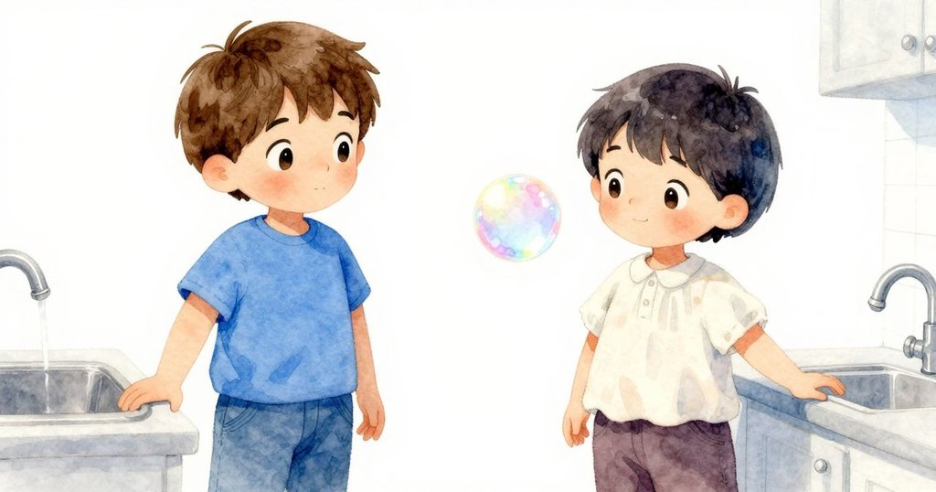 孩子小心翼翼伸手觸摸漂浮著彩虹光芒的泡泡，背景中廚房檯面與水槽的細節柔和呈現