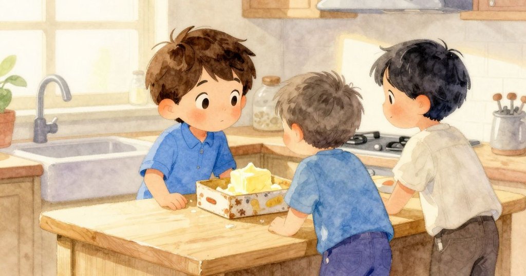 從孩子身後望向廚房檯面上柔軟的黃油、塵封的遊戲盒與流向排水口的水溝，呈現靜謐家居細節