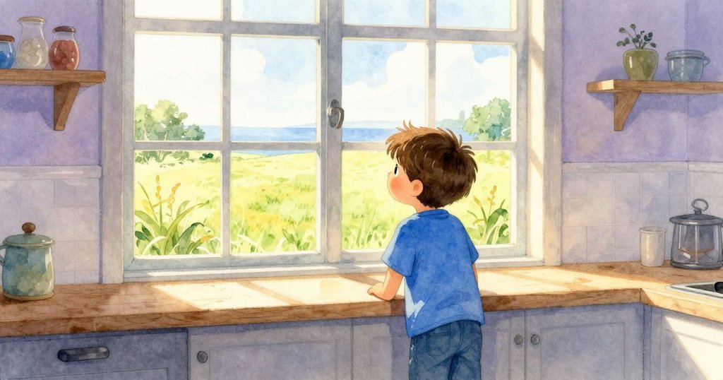 小孩靠近窗邊望向外面明亮的綠野，窗外透進的陽光灑滿整個廚房，充滿了季節的生機與溫暖