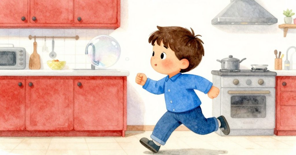 小孩急速奔跑追逐漸變為銀色的泡泡，動作充滿活力，廚房背景帶有動態模糊效果，展現追逐的緊張感