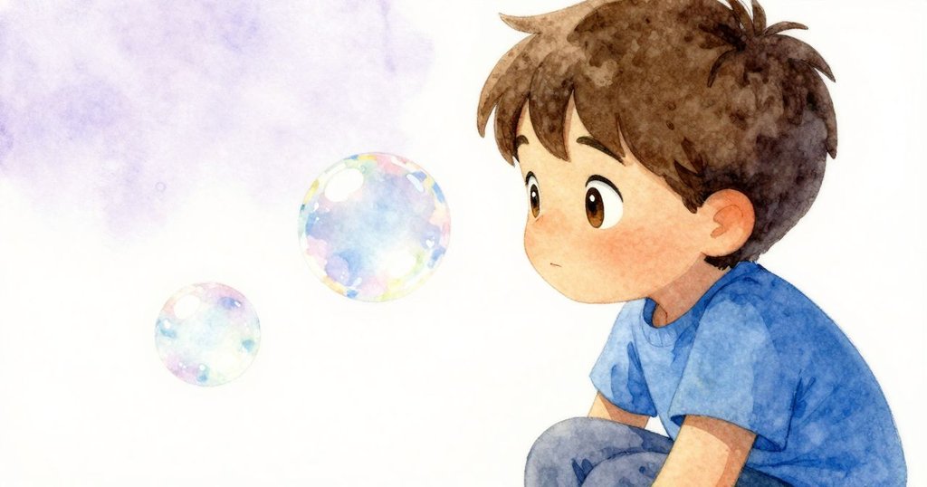 小孩靜靜注視著水面上逐漸消失的泡泡，臉上映出沉思神情與溫柔光線，象徵著時光悄然流逝