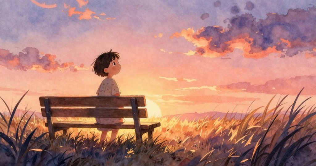 Fenna在戶外長椅旁靜靜站立，草叢搖曳，夕陽輕灑，臉上流露著平靜與期待，故事開始展開