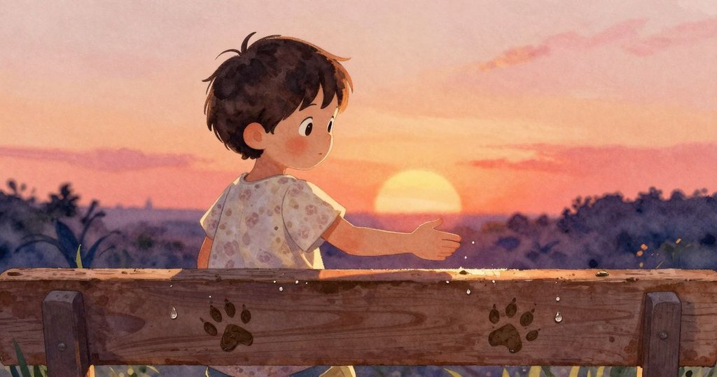 Fenna仔細觀察長椅上彎曲的泥跡，水滴閃爍陽光，臉上充滿好奇，情節逐步展開