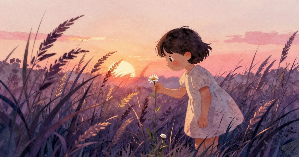 Fenna低身在搖曳草叢中注視一顆隱藏的雛菊花苞，草葉彷如窗框，光影柔和推動情節發展