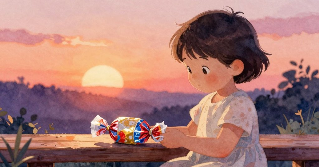 Fenna在長椅旁發現一個閃亮彩色包裝的小禮物，光線映照細節豐富，增添神秘驚喜