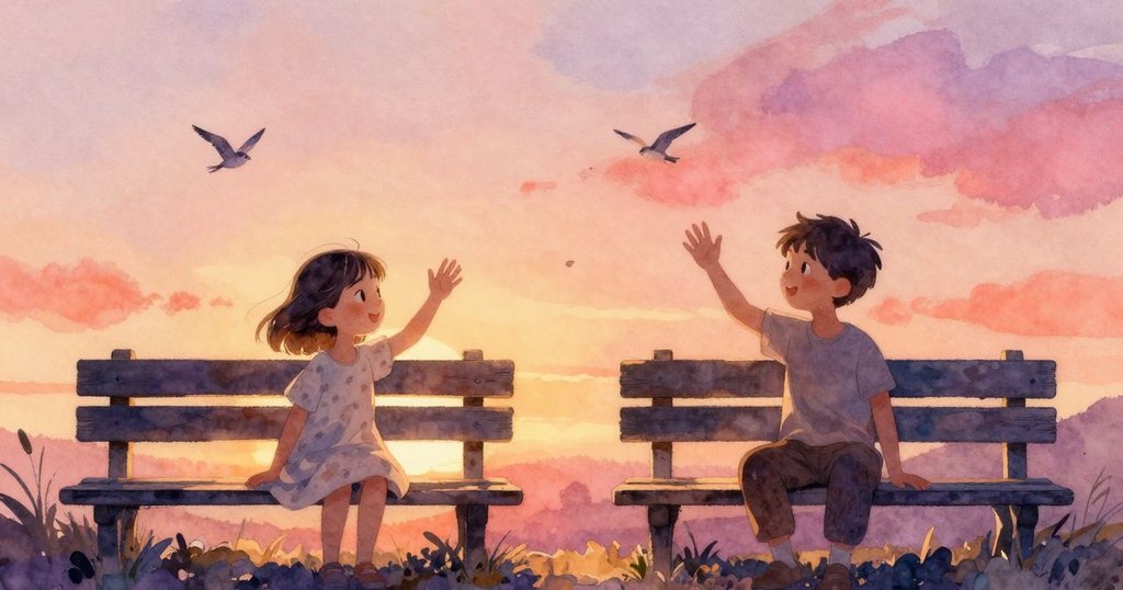 Fenna與朋友分坐不同長椅，朋友熱情揮手，鳥兒在空中飛舞，營造出溫馨互動的情境