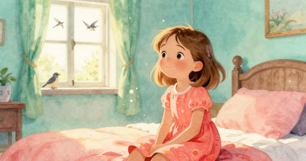 達芙妮坐在床上,陽光穿透房間,她與飛舞的微塵及窗外的小鳥互動,臉上流露出好奇與溫暖的情緒